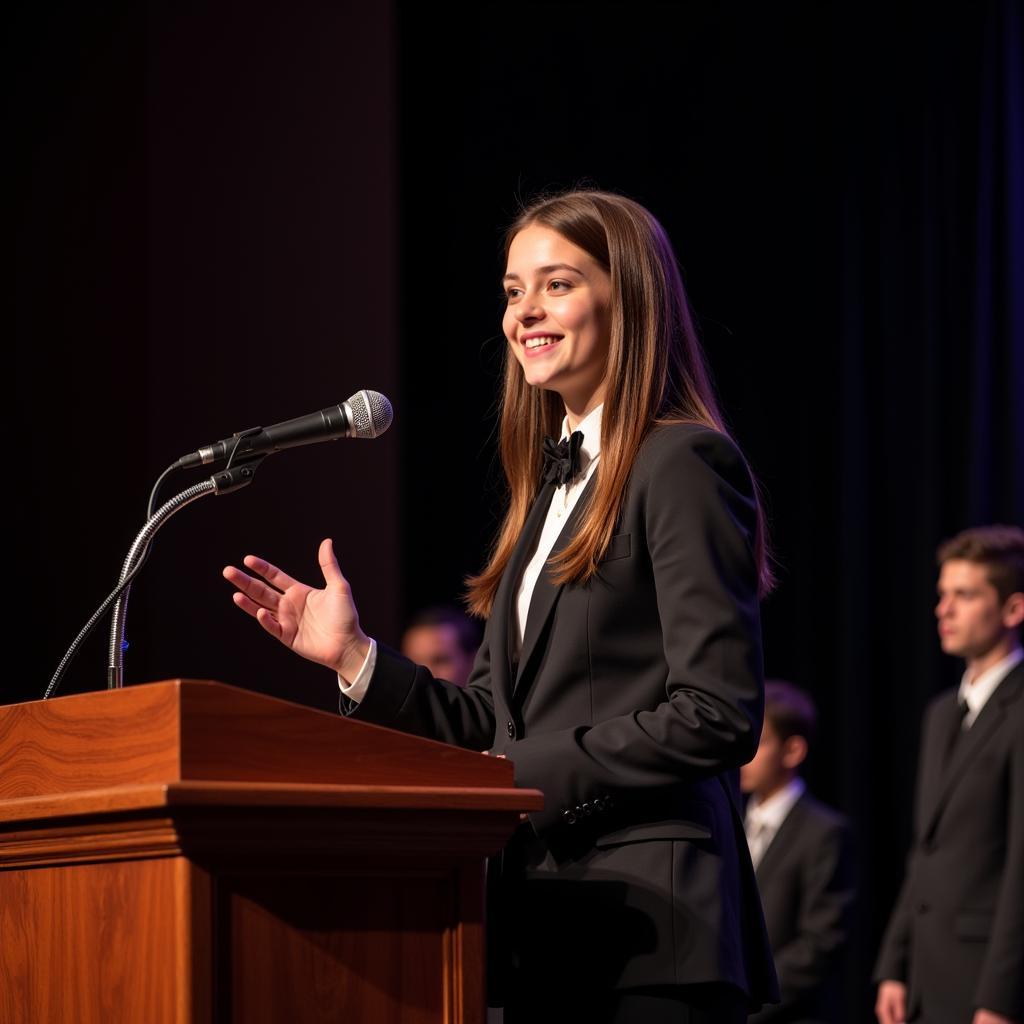 Student delivering speech at national public speaking competition