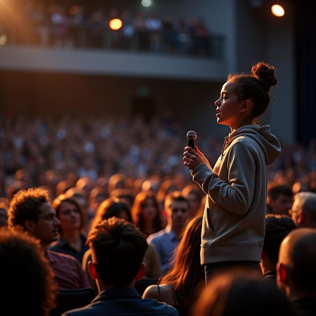 Student confidently presenting to audience