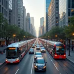 Public transportation helping reduce urban traffic congestion in modern city