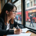 IELTS candidate preparing for speaking test about public transport