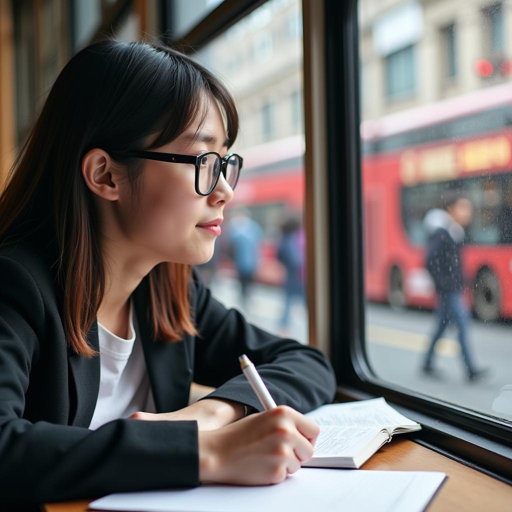 IELTS candidate preparing for speaking test about public transport