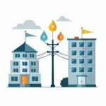 The debate over public utilities privatization showing government and private sector icons