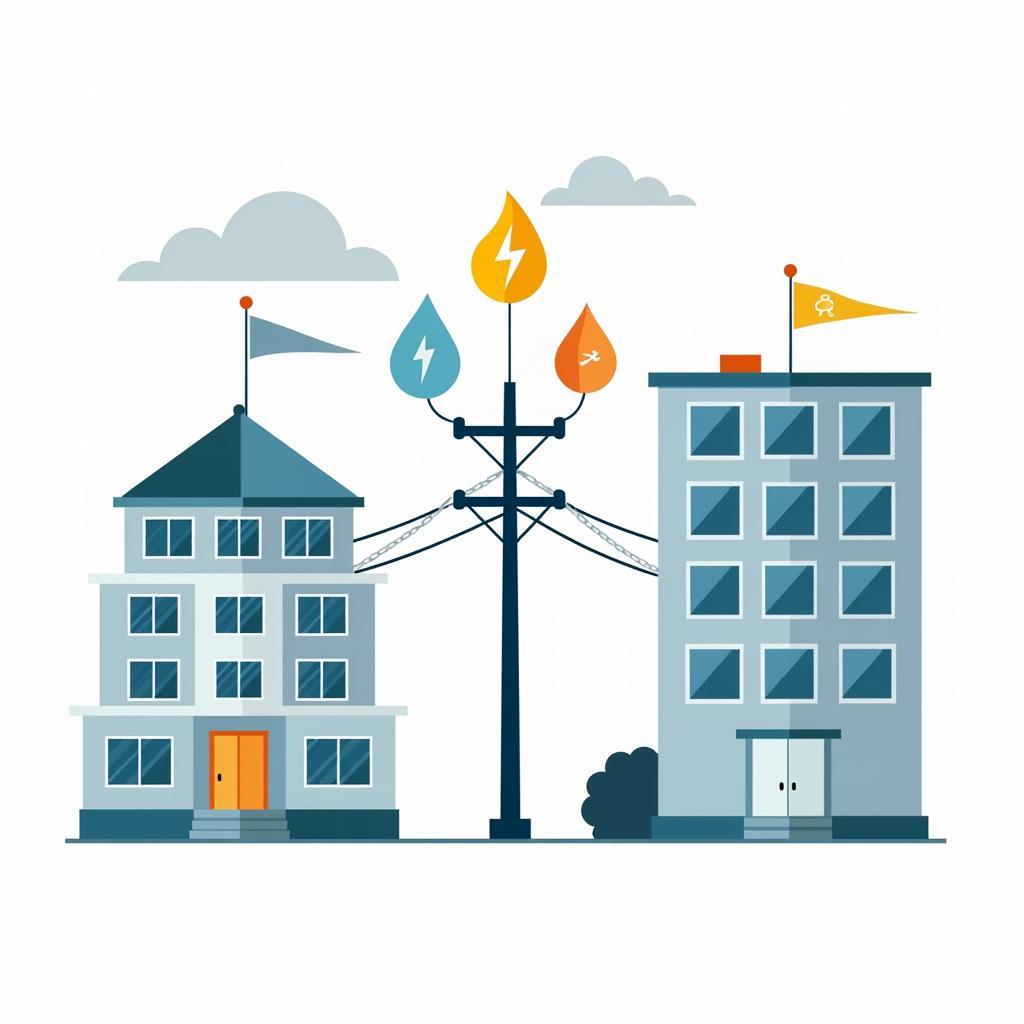 The debate over public utilities privatization showing government and private sector icons