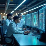 Advanced quantum computing research laboratory with scientists working on experimental setup