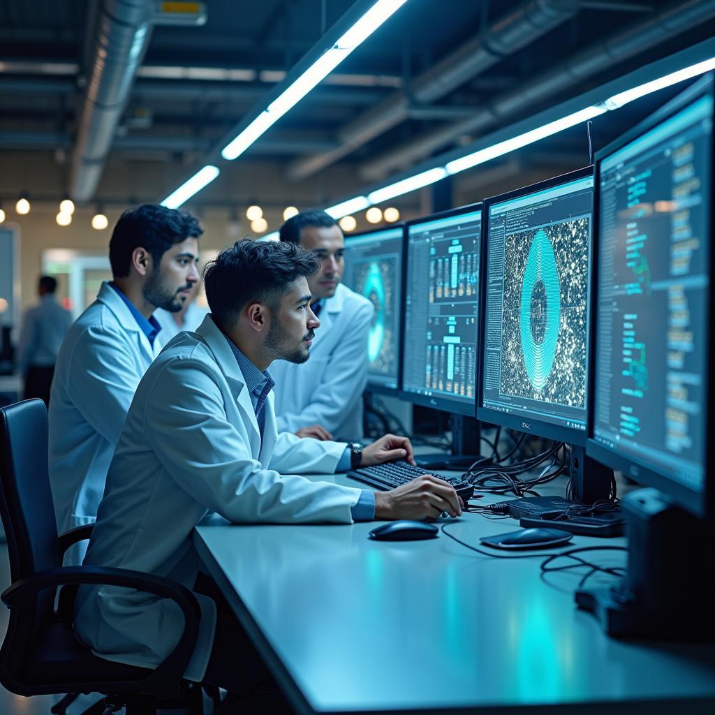 Advanced quantum computing research laboratory with scientists working on experimental setup