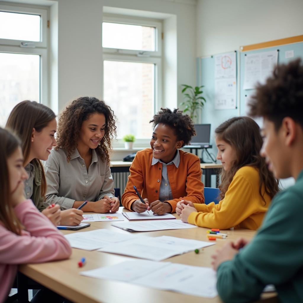 Diverse students collaborating in modern classroom promoting racial equality