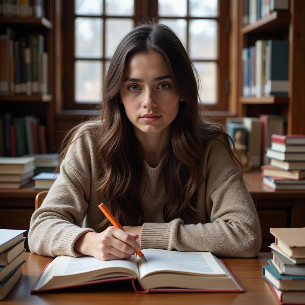 A young woman passionately reading books in a cozy library setting