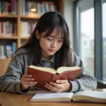 Student reading personal development book in library