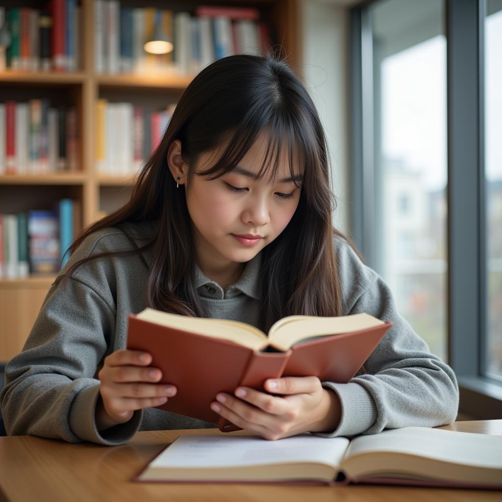 Student reading personal development book in library