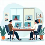 Remote work impact on company culture showing virtual meetings and collaboration