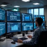 Employee monitoring systems displayed on multiple computer screens