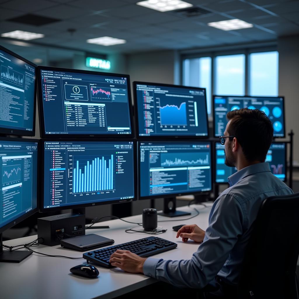 Employee monitoring systems displayed on multiple computer screens