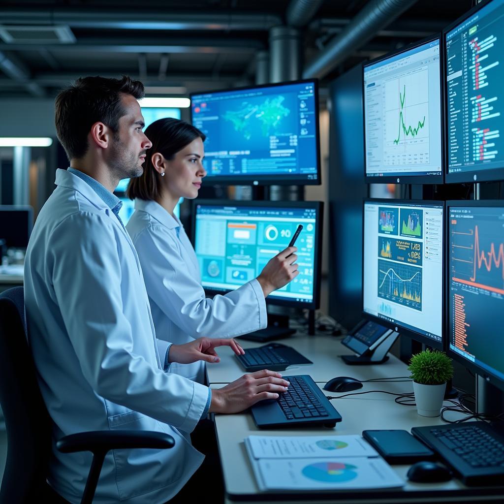 Scientists conducting renewable energy research in modern laboratory