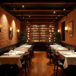 Sophisticated Italian restaurant interior with ambient lighting and elegant table settings