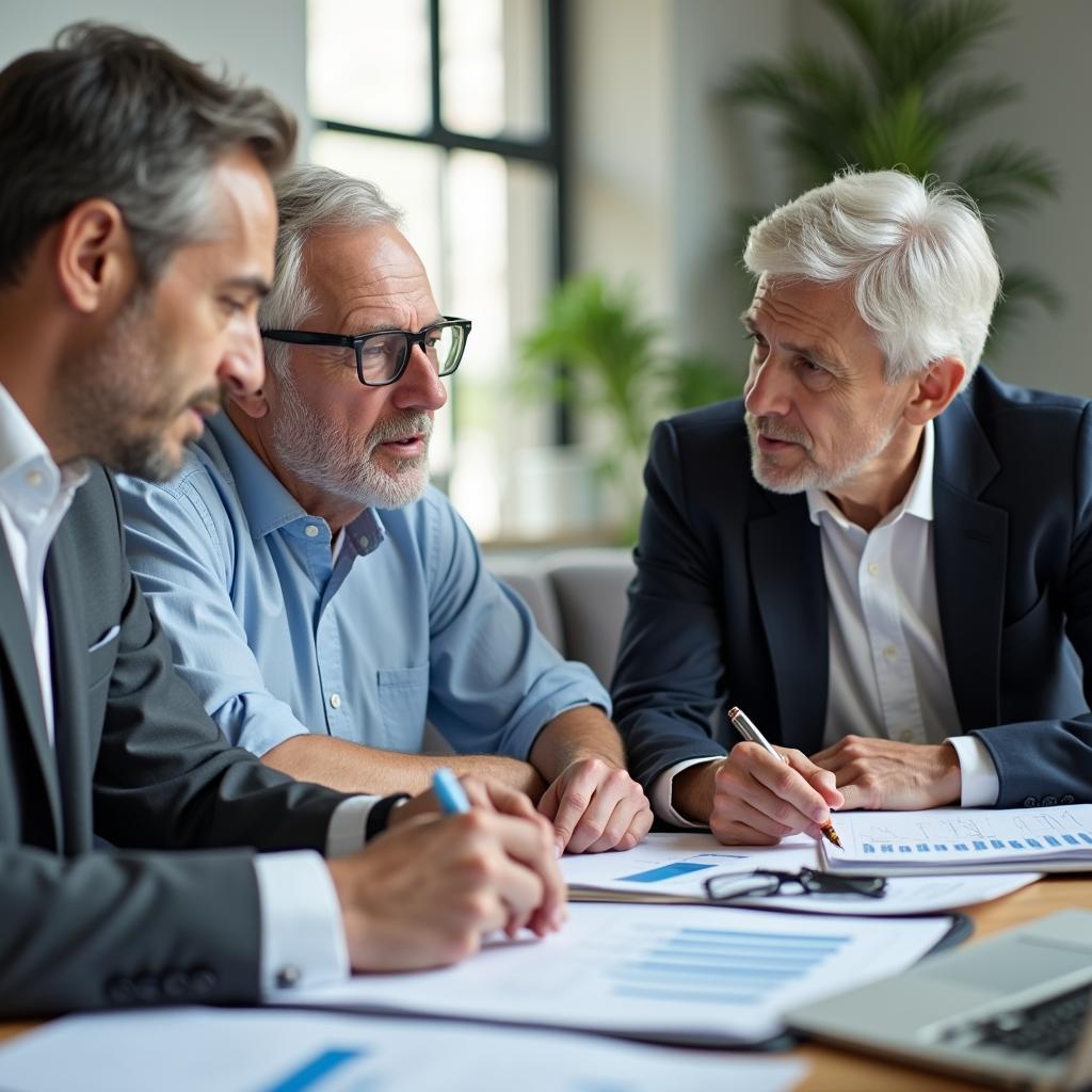 Senior couple reviewing investment portfolio with financial advisor