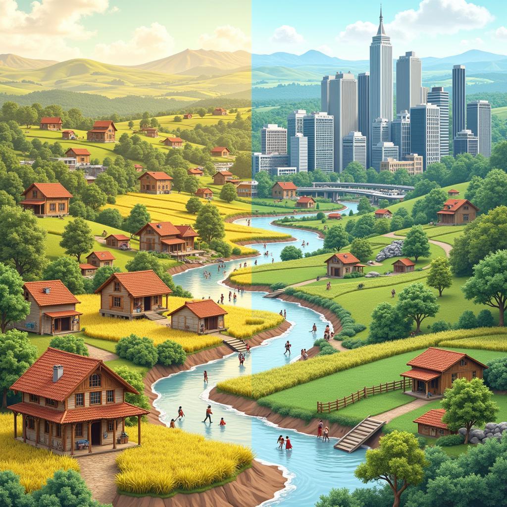 Rural to urban migration showing people moving from villages to cities