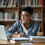 A student studying in library while thinking about education savings