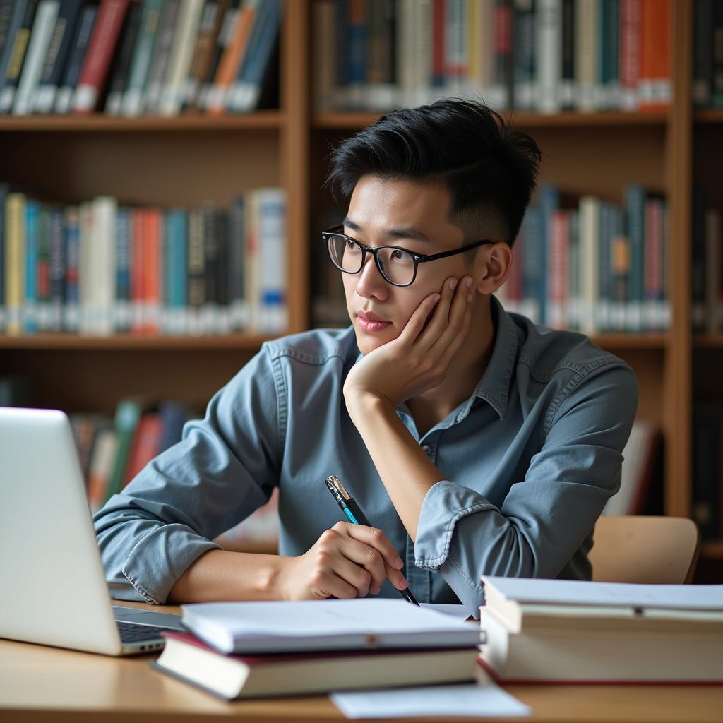A student studying in library while thinking about education savings