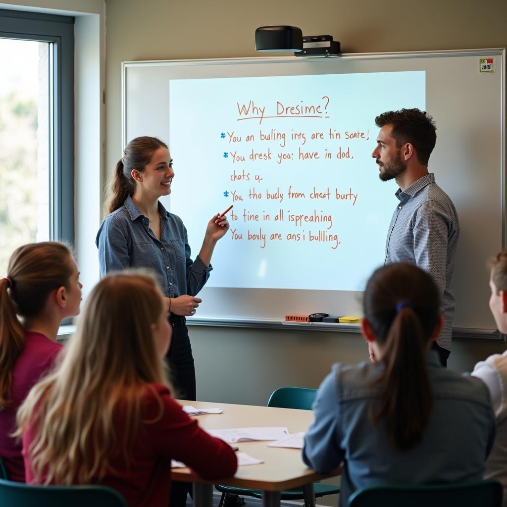 Teacher discussing anti-bullying policies with diverse students in classroom