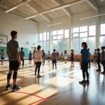 Students participating in physical education class at modern school