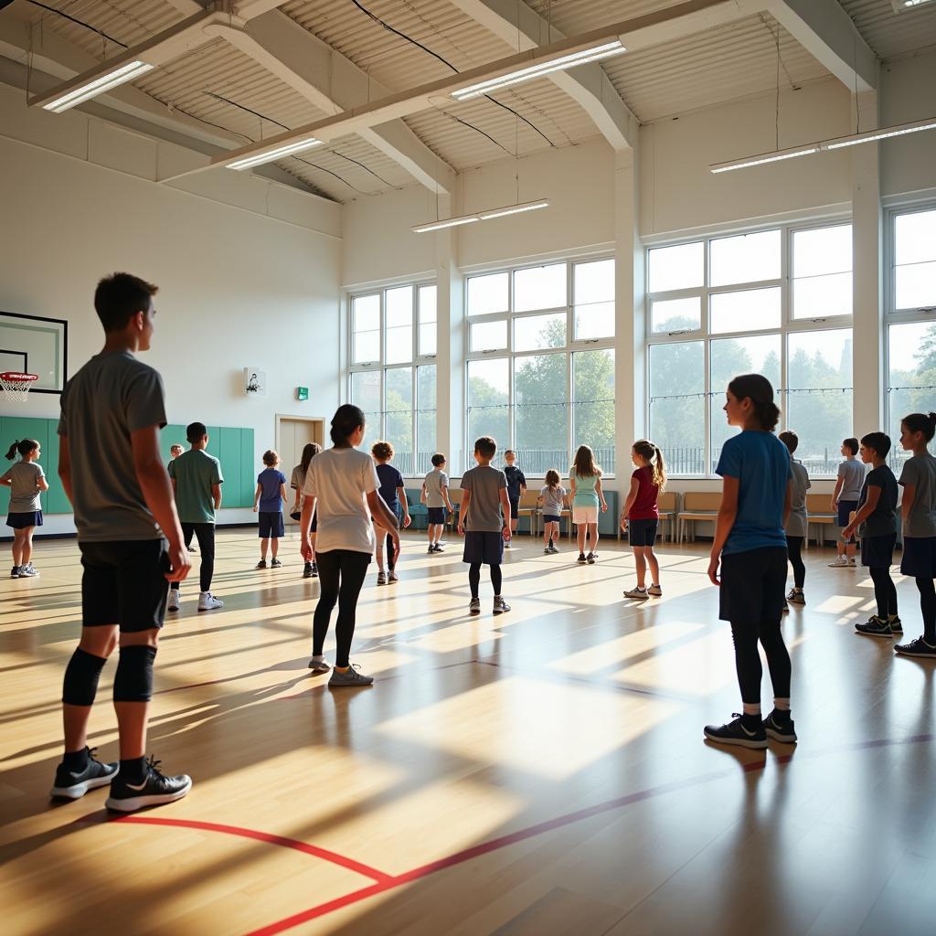 Students participating in physical education class at modern school