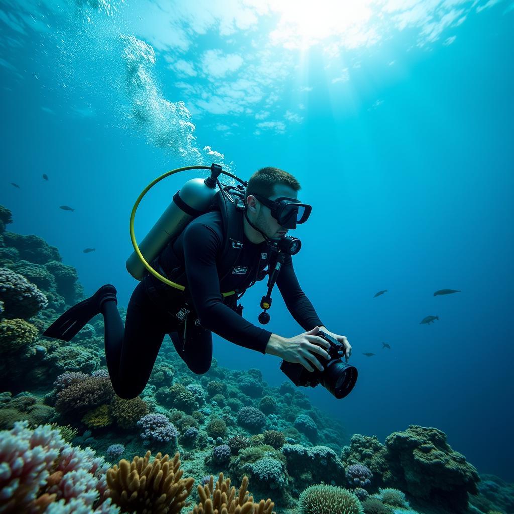 Person scuba diving in clear blue waters showing expensive equipment
