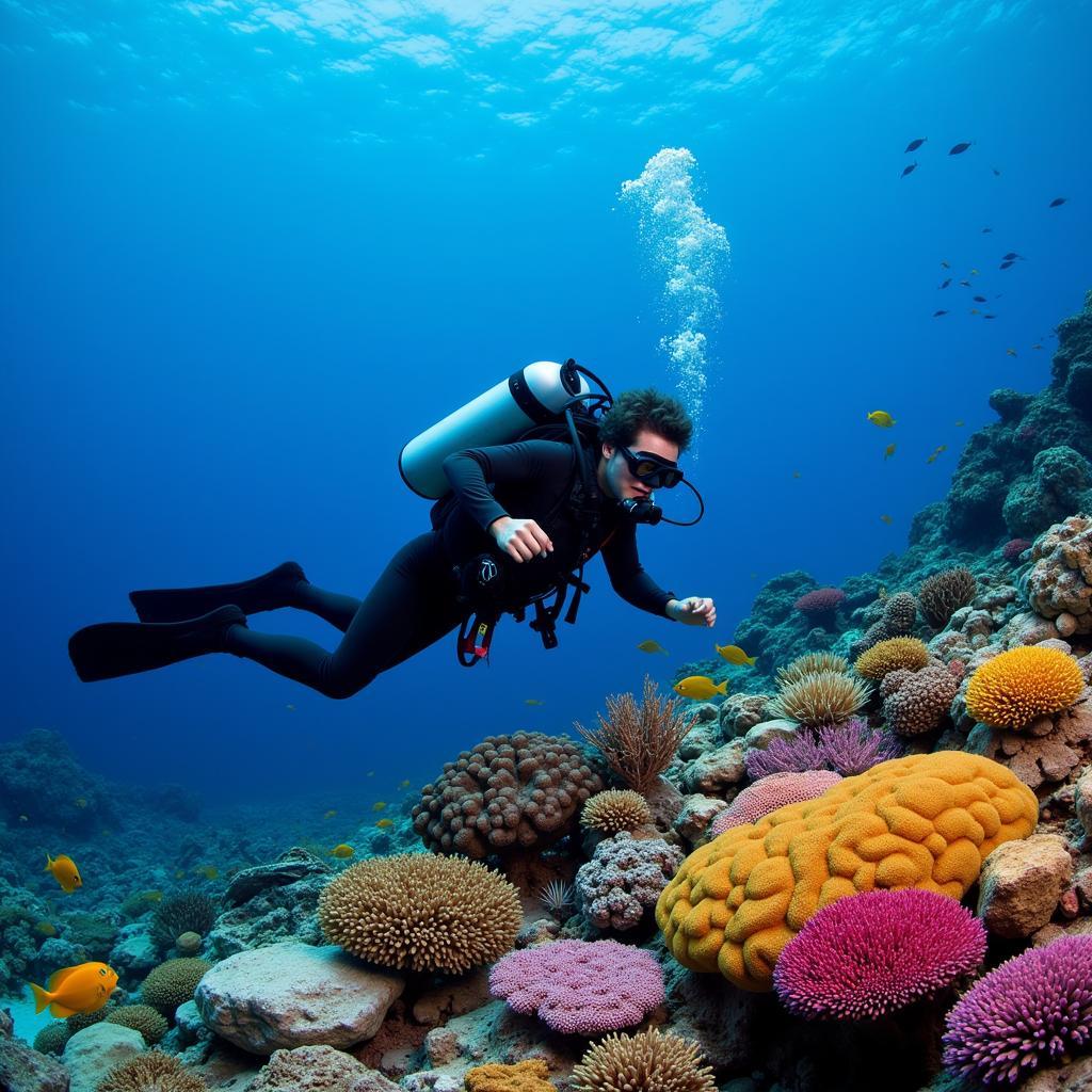 Scuba diver exploring vibrant coral reef