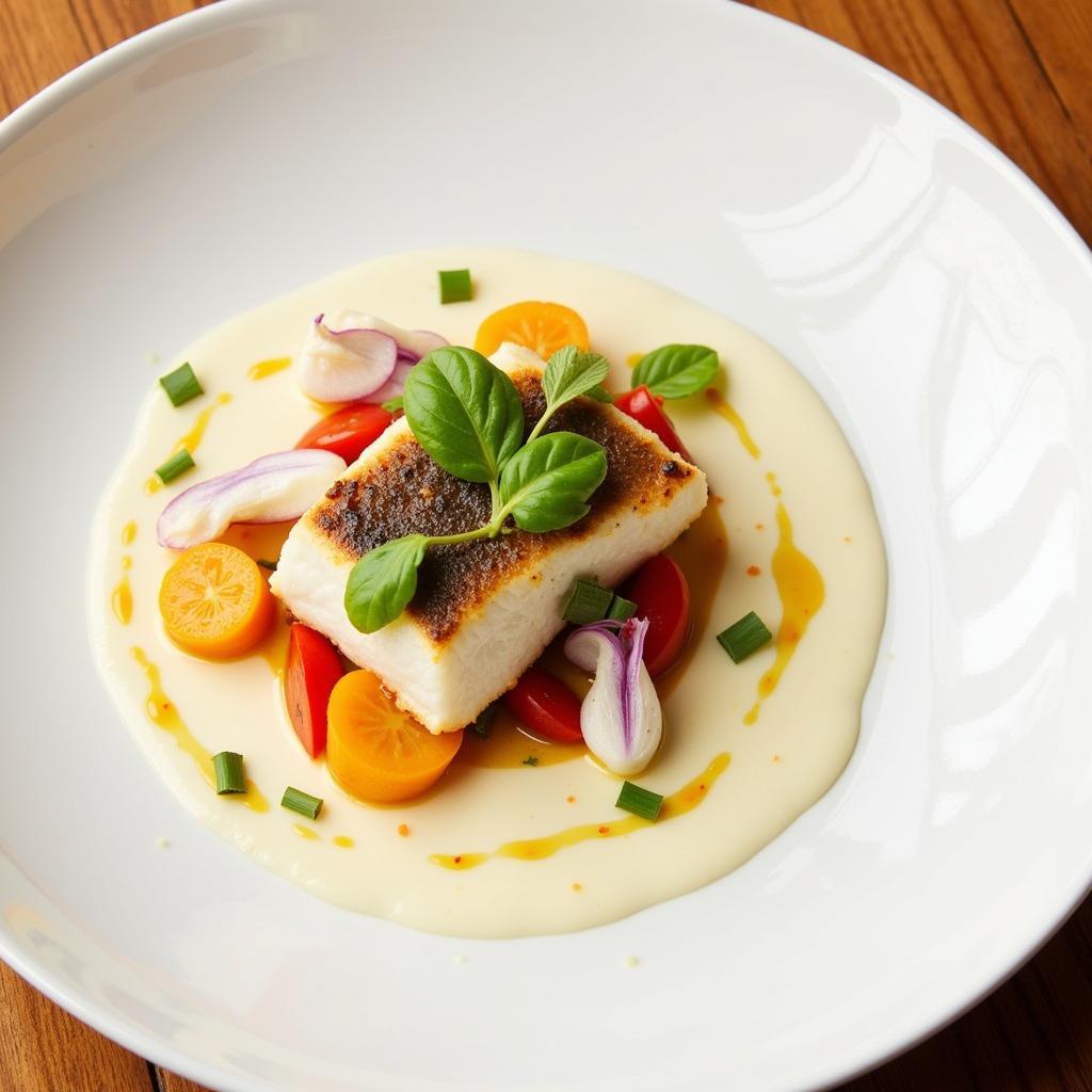 Elegant seafood dish presentation at upscale restaurant