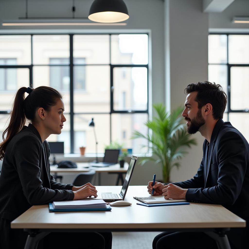 Professional giving advice to young person in office setting