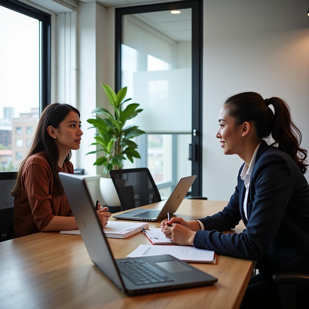 A young professional seeking advice from experienced mentor in office setting