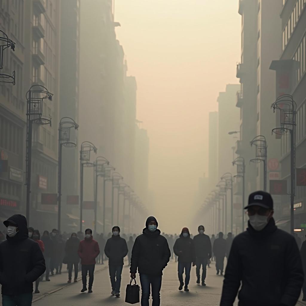 Heavy smog affecting visibility and daily activities in urban area