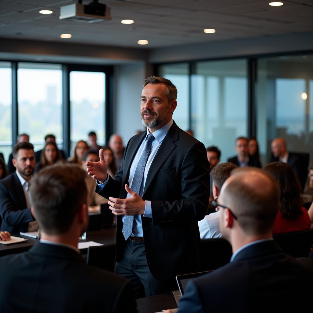 Professional public speaker delivering presentation to engaged audience