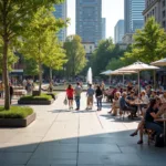 People gathering in a vibrant city center plaza for various social activities