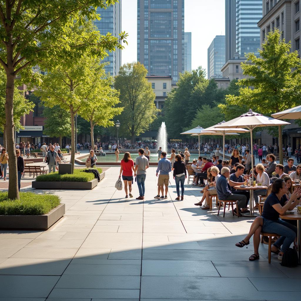 People gathering in a vibrant city center plaza for various social activities