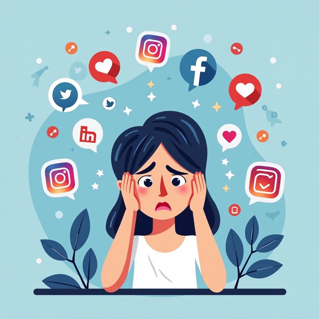 Social media platforms affecting mental health of young people showing various social media icons and stressed youth