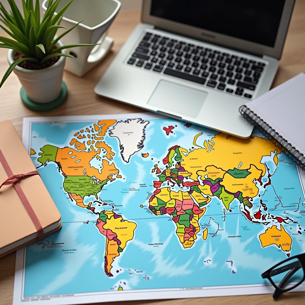 Planning a solo travel journey with maps and electronics