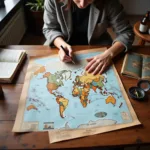 Solo traveler planning journey with maps and compass