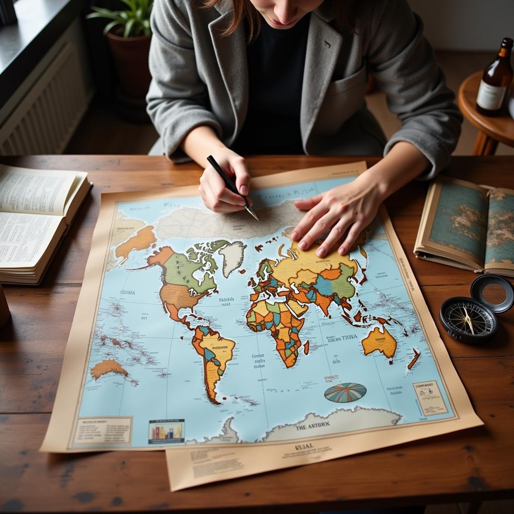 Solo traveler planning journey with maps and compass