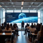 Students discussing space exploration funding in modern classroom setting