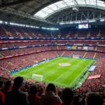 Enthusiastic crowd cheering at sports stadium showing vibrant atmosphere