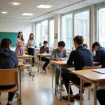 Students taking standardized test in modern classroom setting