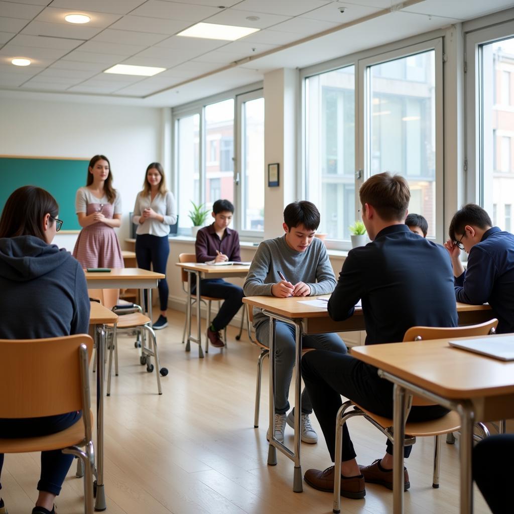 Students taking standardized test in modern classroom setting