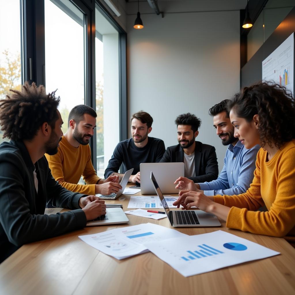 Entrepreneurs analyzing business strategy and financial projections