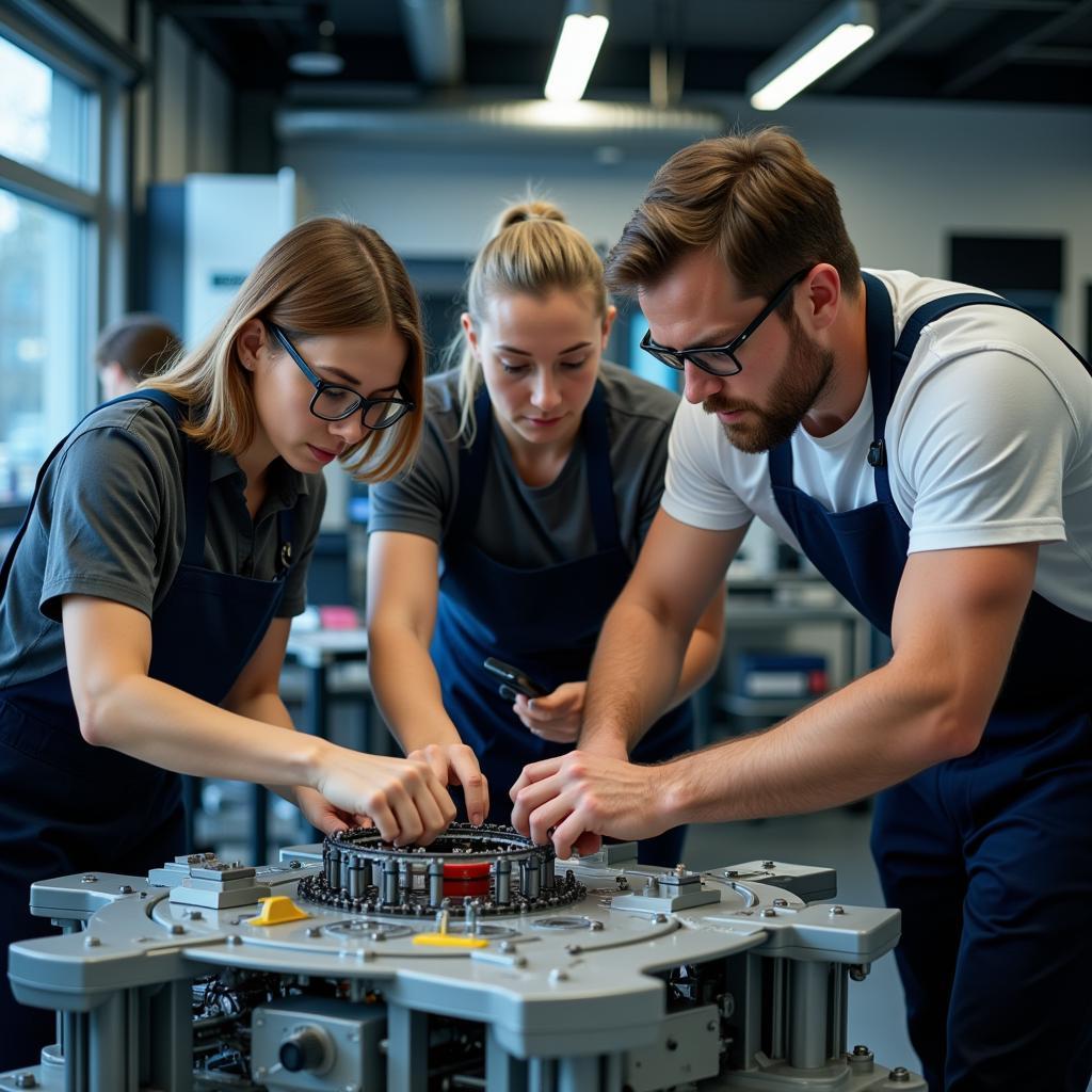 Diverse team of professionals collaborating on technical project