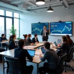 Students learning about stock market principles in modern classroom