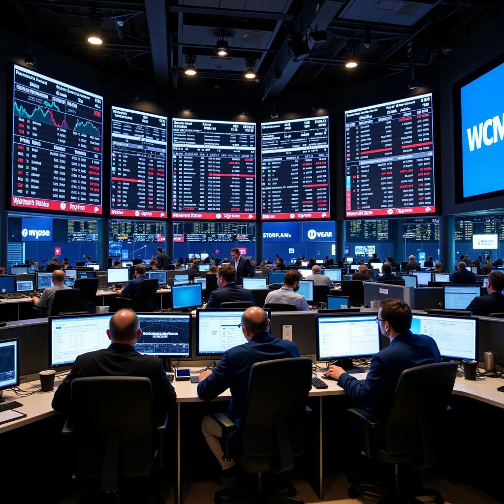 Modern stock exchange trading floor showing market activity