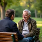A person sharing life wisdom with stranger on park bench