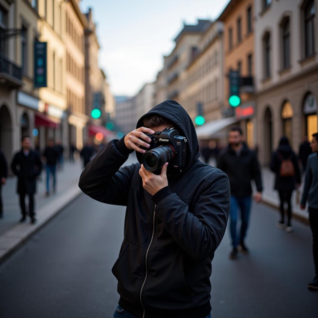 Photographer capturing urban moments alone