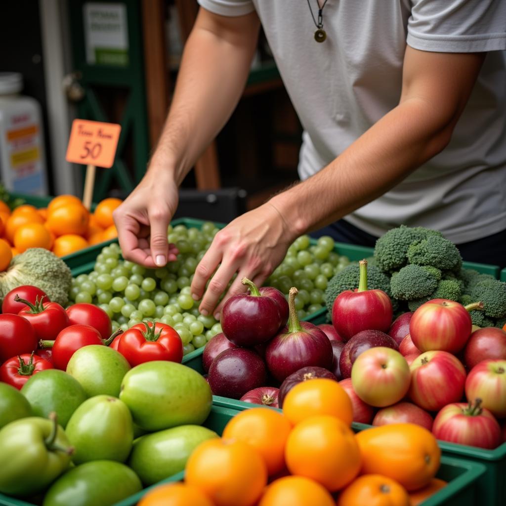 Local vendor arranging fresh vegetables at market stall