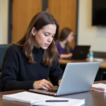 Student using borrowed laptop for presentation